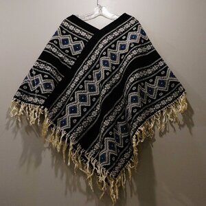 1960 Vintage Peruvian Alpaca Wool Poncho White & Blue on Black